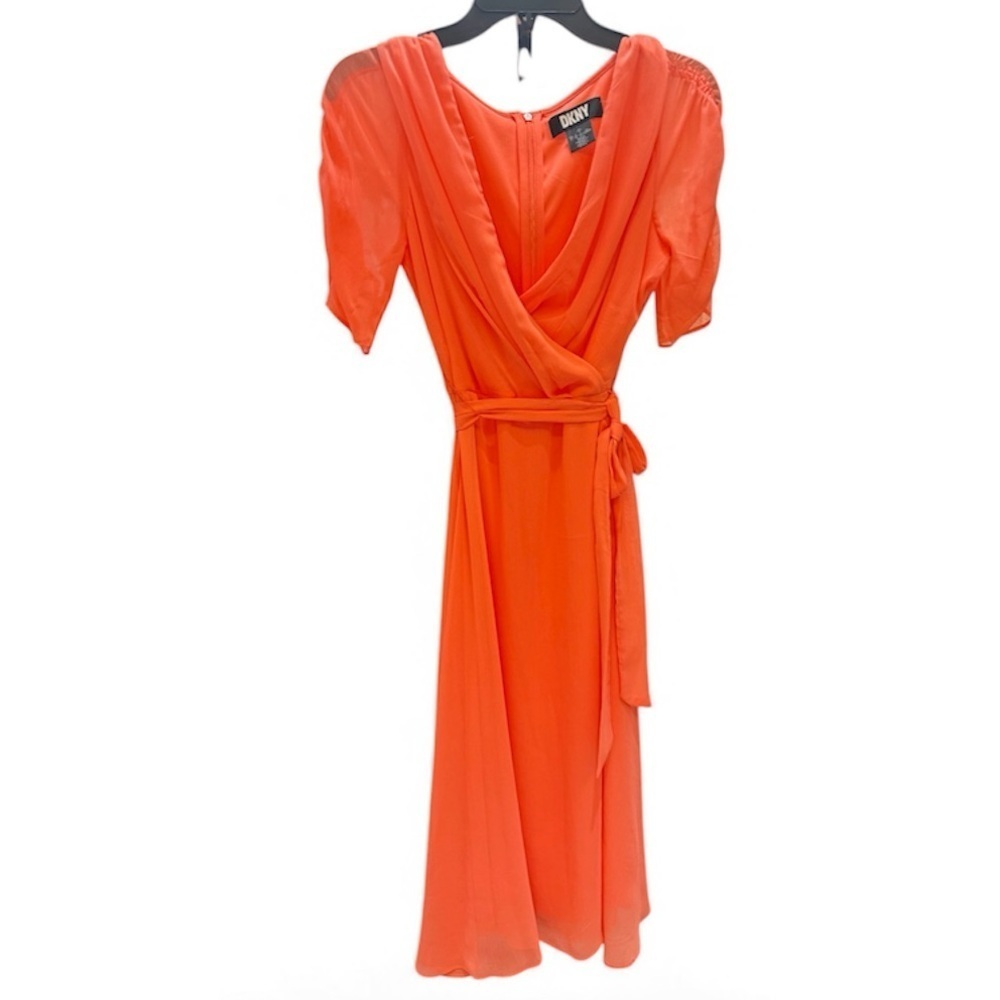 DKNY Women's Coral Wrap Midi Dress with Ruched Sleeves Size 4- Retail Price $140 - Picture 9 of 12